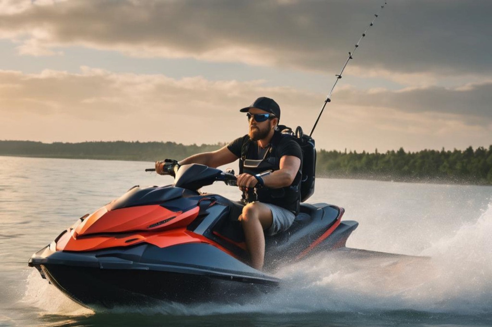 Angler fighting a fish from a fishing PWC with rod holders deployed